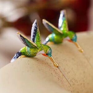 Enamel Hummingbird Gold Hoop Earrings